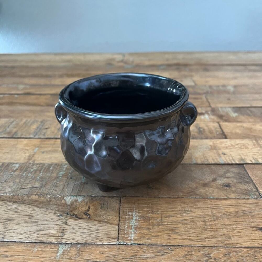 McCoy Pottery Hammered Footed Cauldron Pot 4" Dark Metallic Glaze